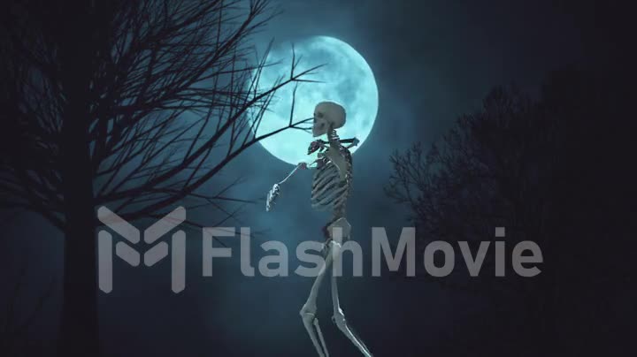 Dancing skeleton on the background full moon night sky