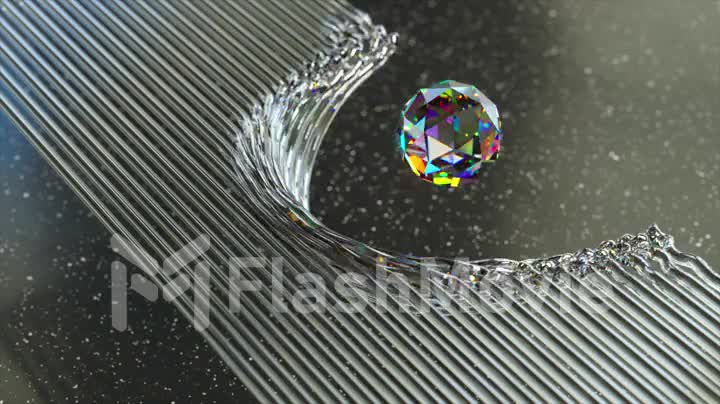 Abstract concept. Diamond ball flies through transparent strings and ripples. Space in the background. 3d animation