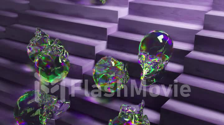 Abstract concept. The diamond skulls slide down the Purple wood stairs. Rainbow. Transparent. 3d animation