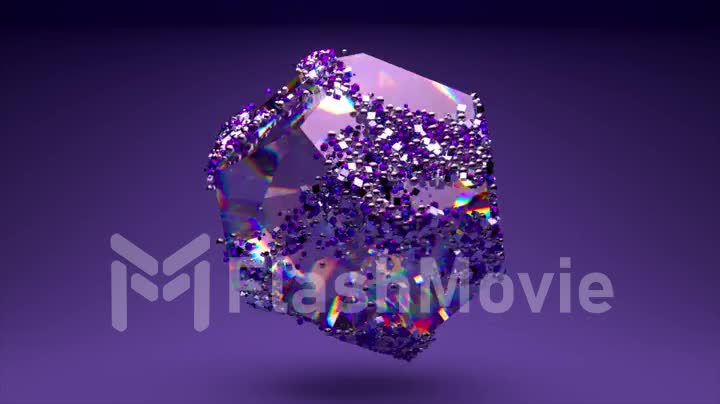 The crystal figure rotates. Small particles slide over the surface. Refraction light in the facets of a precious stone.