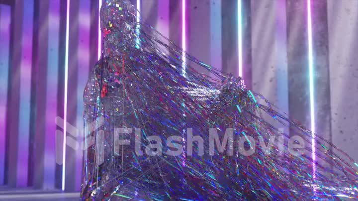 A large diamond statue is connected with colored transparent threads with a small running figure. Rainbow neon color