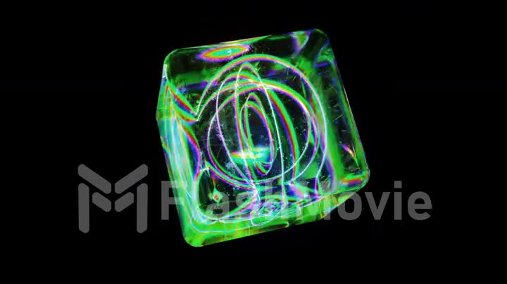 Green transparent neon cube rotates on a black background. Laser lines inside the cube create shapes. Kaleidoscope.