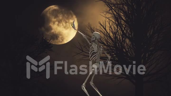 Dancing skeleton on the background full moon night sky