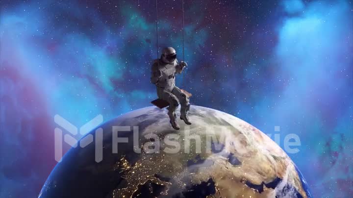 Abstract space concept. Astronaut on a swing. The earth is in the background. Blue neon color. 3d animation