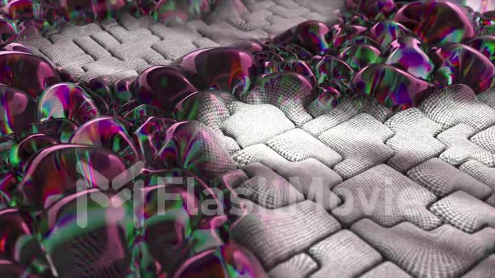 Abstract concept. Large iridescent purple green bubbles inflate on a gray soft surface. Patterns. Puzzle. 3D animation