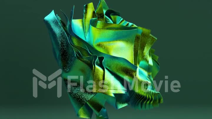 Abstract concept. Shiny square pieces of golden green fabric rotate on an isolated background. 3d animation
