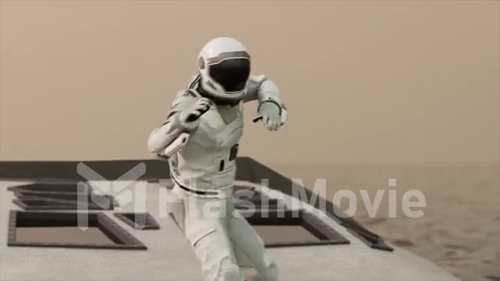 Space concept. An astronaut dances on the stern of a modern boat in the middle of the ocean space. Space suit. 3d render