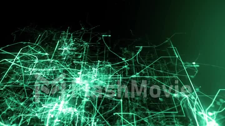 Light green lines drawn by bright spots eventually create an abstract image of a circuit board.