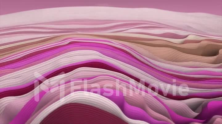 Multi-colored ribbons sway in wave-like movements. Fabric folds. Pink, purple, beige color. 3d animation