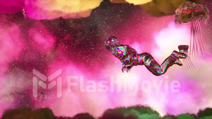 The astronaut floats between pink purple clouds surrounded by jellyfish. Space. Diamond suit. Milky Way. 3d animation