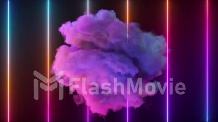 A bright mystical cloud rotates against the background of neon vertical lines. Smoke. Fantastic design. Blue pink color
