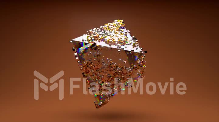 Abstract concept. Crystal rhombus rotates. Gold particles are attracted to the surface of the figure. Decoration. Order