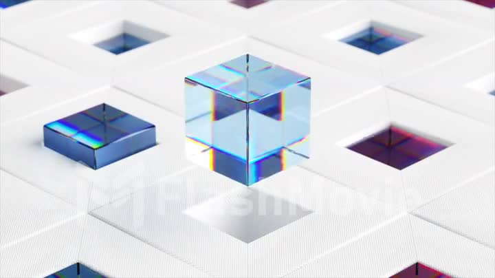 Abstract concept. Multi-colored cubes emerge from square cells on a white glossy surface. Up and down. 3d animation