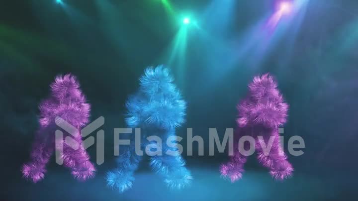 Three funny hairy colorful characters Dancing on blue Background