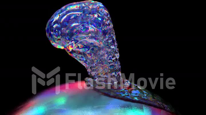 The diamond brain flows down to the surface of the rotating ball. Blue neon color. Metal. Close-up. 3d animation.
