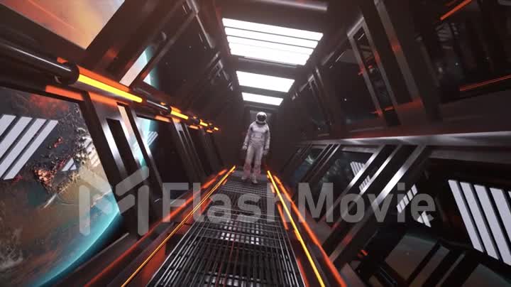 Astronaut walks in the tunnel of a spaceship. Sci-Fi futuristic space corridor. Mars orbit. Neon light. 3d animation.