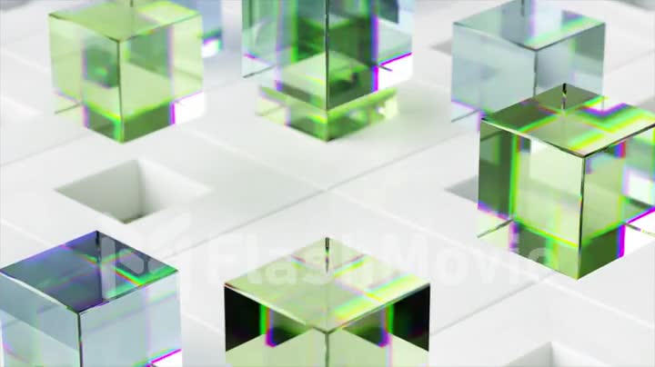 Glass colored cubes fly out of white cells on the floor. Green and transparent. 3d animation of a seamless loop.