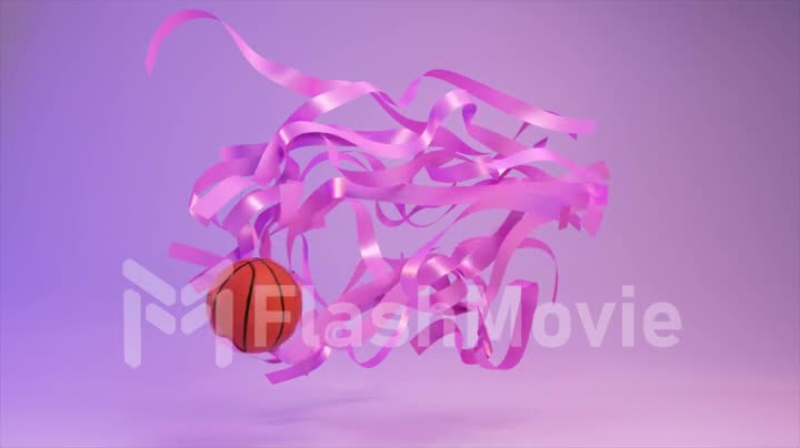 Sports concept. The basketball will go through the floating pink ribbons. Purple pink color. Abstract background.