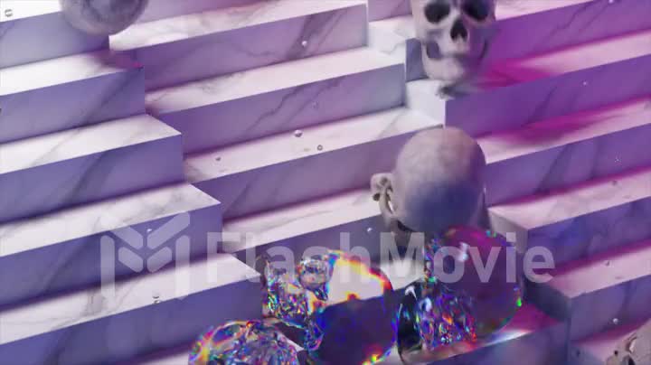 Soft diamond and bone skulls roll down the stairs. Purple neon color. Rainbow. Transparent. Marble stairs. 3d animation