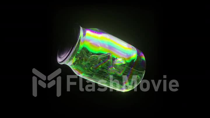 A brilliant spider runs inside a transparent jar. Green iridescent green color. 3d animation of a seamless loop.