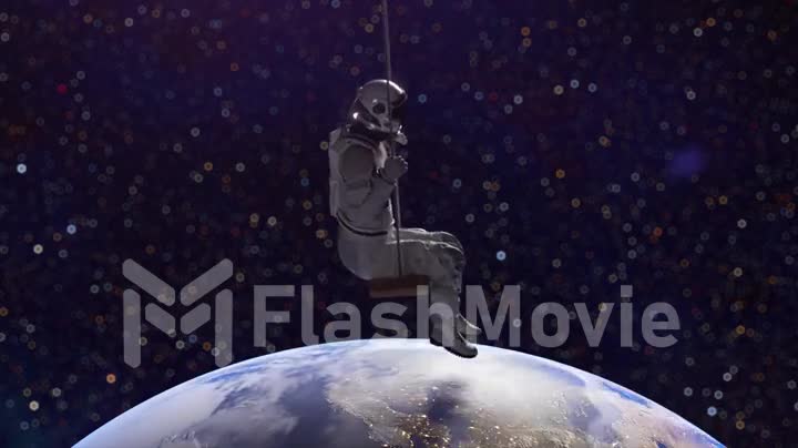 The astronaut swings on a swing against the backdrop of space and the planet Earth. 3d animation of seamless loop