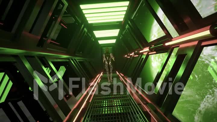 The alien slowly walks along the corridor of the spaceship. Suit with neon stripes. View of the planet Earth. Green neon