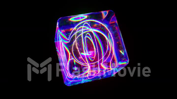 Blue transparent neon cube rotates on a black background. Laser lines inside the cube create shapes. Kaleidoscope.