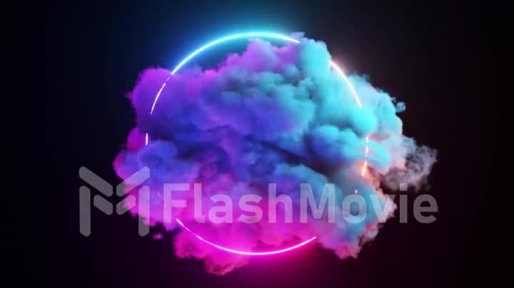Sci-fi retro laser neon abstract technology background. A multi-colored cloud rotates around a neon circle. 3d animation