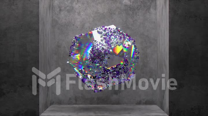 Diamond polyhedral sphere and rhombus rotates. Blue neon color. Particles are randomly move on the surface. Gray wall
