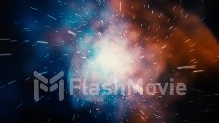 Crazy fast flight in hyperspace of space among nebulae and stars with flares in red blue