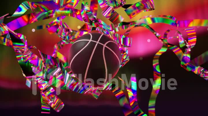 Abstract concept. A basketball flies through shiny diamond ribbons. Slow motion. 3d animation. Neon pink background.
