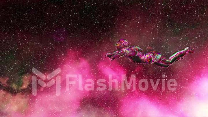 Abstract space concept. Pink neon color. Diamond astronaut floats against the background of the starry sky. Open space