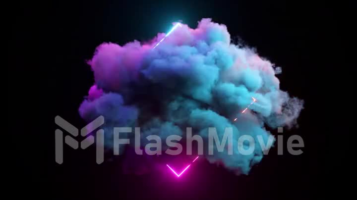 Neon rhombus on a black background. A colored cloud is spinning around a rhombus. Blue purple neon color. 3d animation