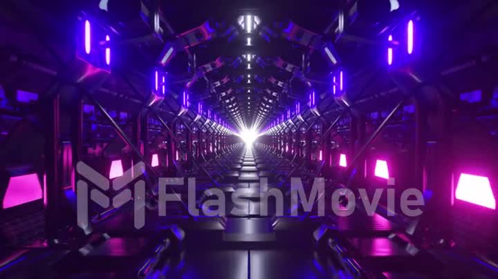Sci-fi futuristic empty dark tunnel background. Blue purple neon light. 3d animation of seamless loop
