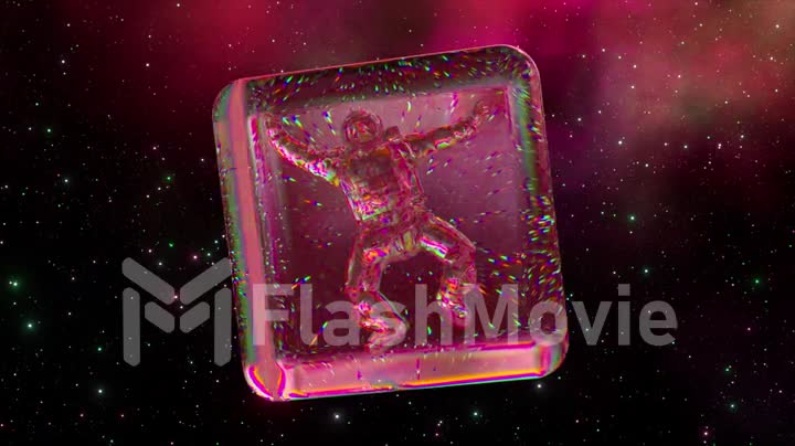 Diamond astronaut inside a transparent cube. Space abstract Background. Pink neon color. 3D animation of seamless loop