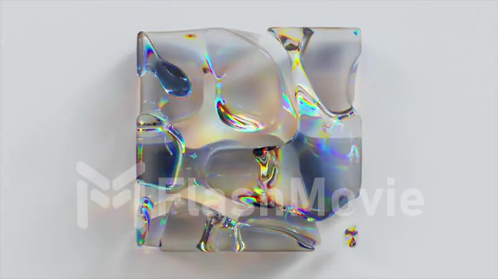 Liquid crystal square changes shape, disappears and reappears on a light abstract background. 3d animation