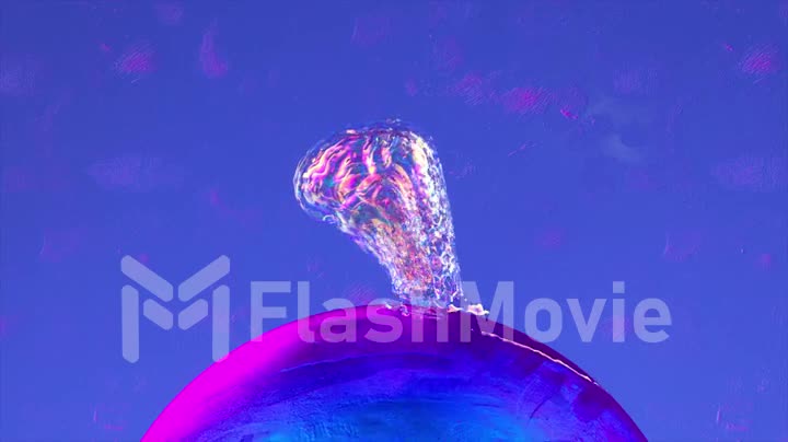 The crystal brain crumbles and spreads over the spinning ball. Blue pink neon color. Liquid diamond. 3d animation