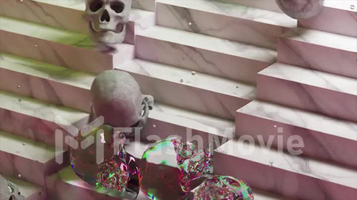 Soft diamond and bone skulls roll down the stairs. Pink neon color. Rainbow. Transparent. Marble stairs. 3d animation