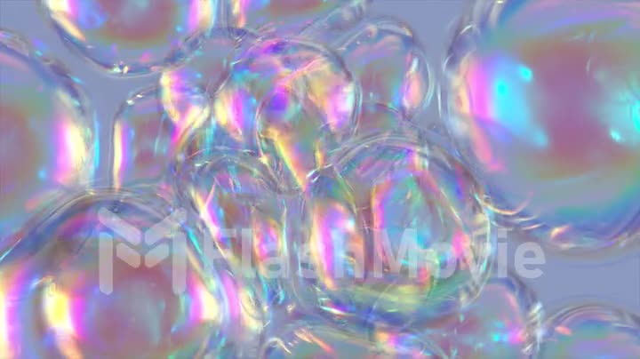 Transparent soap bubbles fly and gather together. Bubble rainbow. Lather. Lots of soap bubbles. Pearl. 3d animation
