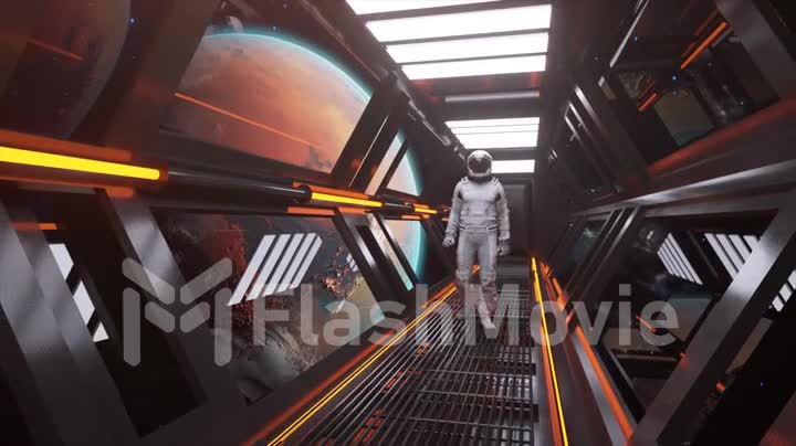 An astronaut walks through a futuristic spacecraft tunnel with the planet Mars in the background. Orange neon light
