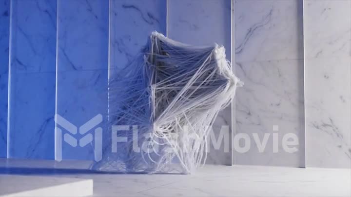 Abstract concept. A figure of white threads walks along a white marble wall. Tied with ropes. Blue neon. 3d animation
