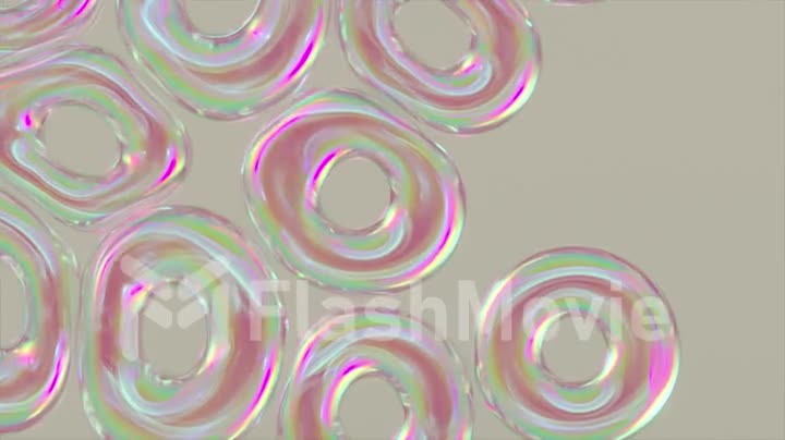 Transparent inflatable rings fly, repel and gather together. Bubble rainbow. Ease. Pearl. 3d animation