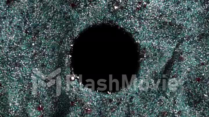 Abstract concept. Black hole surrounded by small gray particles. Slow motion. Dark matter. Space. 3d animation