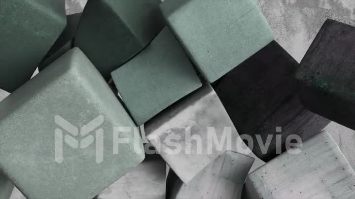 Abstract concept. Gray soft cubes stack and pile up against a gray concrete wall. Lots of cubes. 3d animation