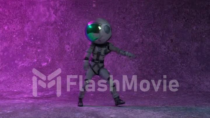 An astronaut in a space suit is dancing against the backdrop of a wall and flashing neon light. Night club.