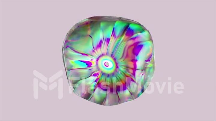 Abstract sphere made of iridescent transparent liquid changes shape on a white isolated background. Light refraction.