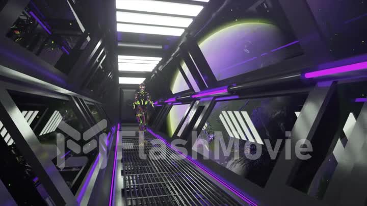 The alien slowly walks along the corridor of the spaceship. Diamond suit. Moon. Violet neon lighting. 3d animation