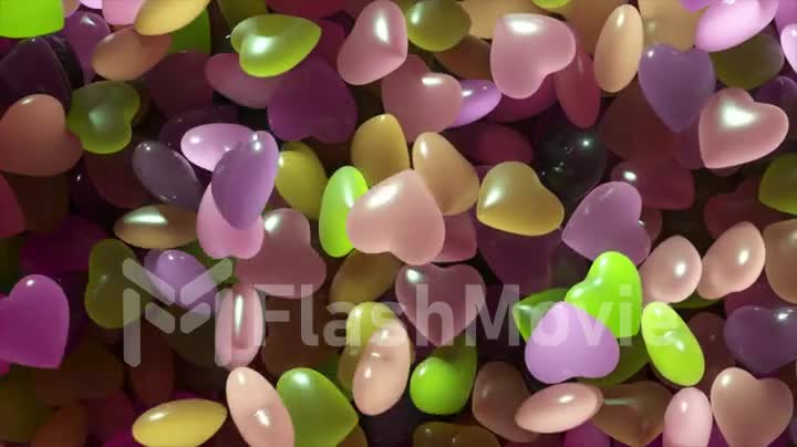 Love concept. Lots of green purple stones in the shape of a heart. The neon heart pushes the rest. 3d animation