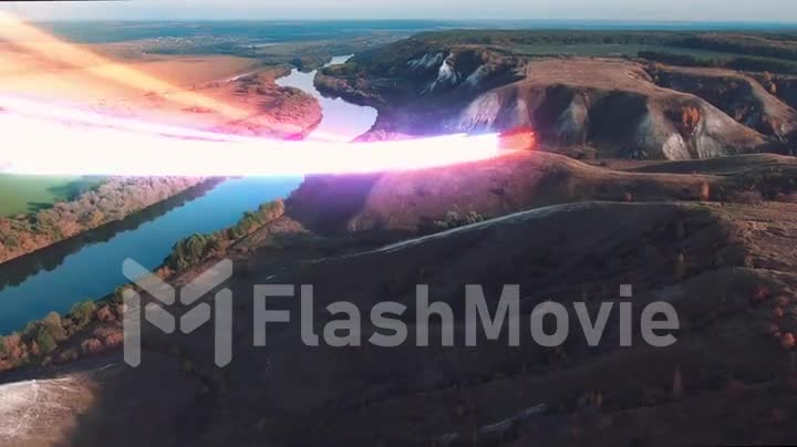 4k aerial view. Distribution of tricolor rays in the form of the Russian flag over nature with a beautiful river and mountains