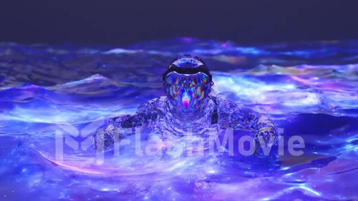 Space concept. Diamond astronaut swims in the ocean with blue neon water. Waves. 3d animation of seamless loop